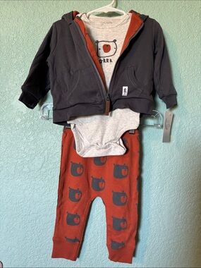 🆕 Mac & Moon Baby 3-Piece Bear Print Set, Gray & Rust, 12 mos - NWT